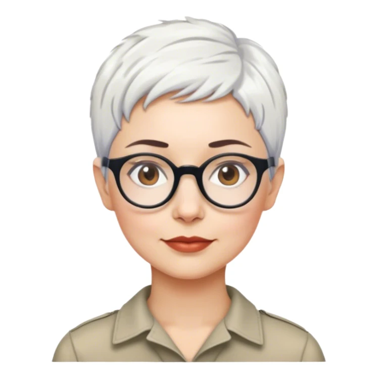 anthropologist woman, short cropped pixie white hair, brown brows, glasses sticker