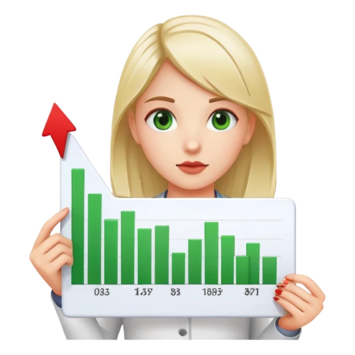 Girl holding chart with rising green graph line in right hand and holding another chart with falling red graph line in left hand sticker