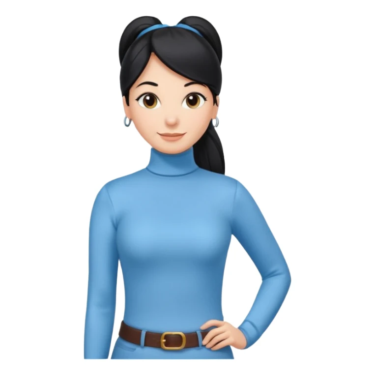 cewe ramah Kulit putih bersih, rambut hitam panjang sleek lurus, diikat half ponytail. Pakai atasan biru muda turtleneck. Pose tangan di pinggang, tatapan senyum percaya diri. sticker