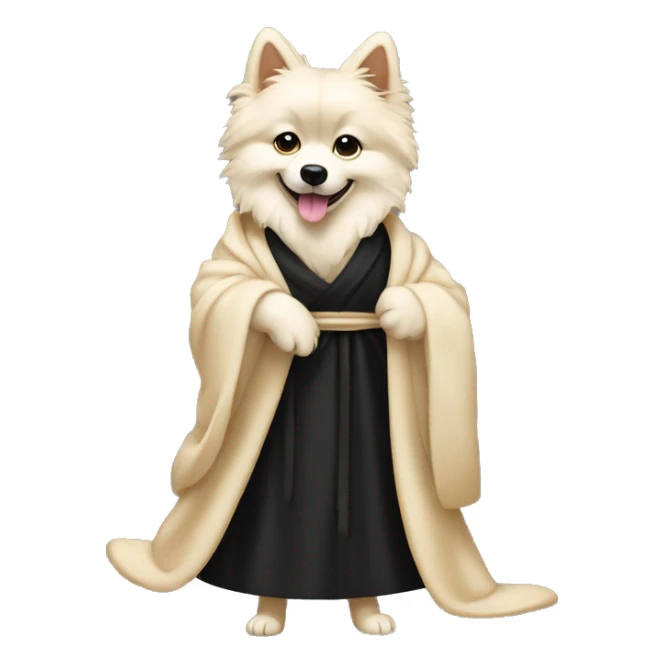 Cream Spitz stands on its hind legs in heels and in a black robe  sticker