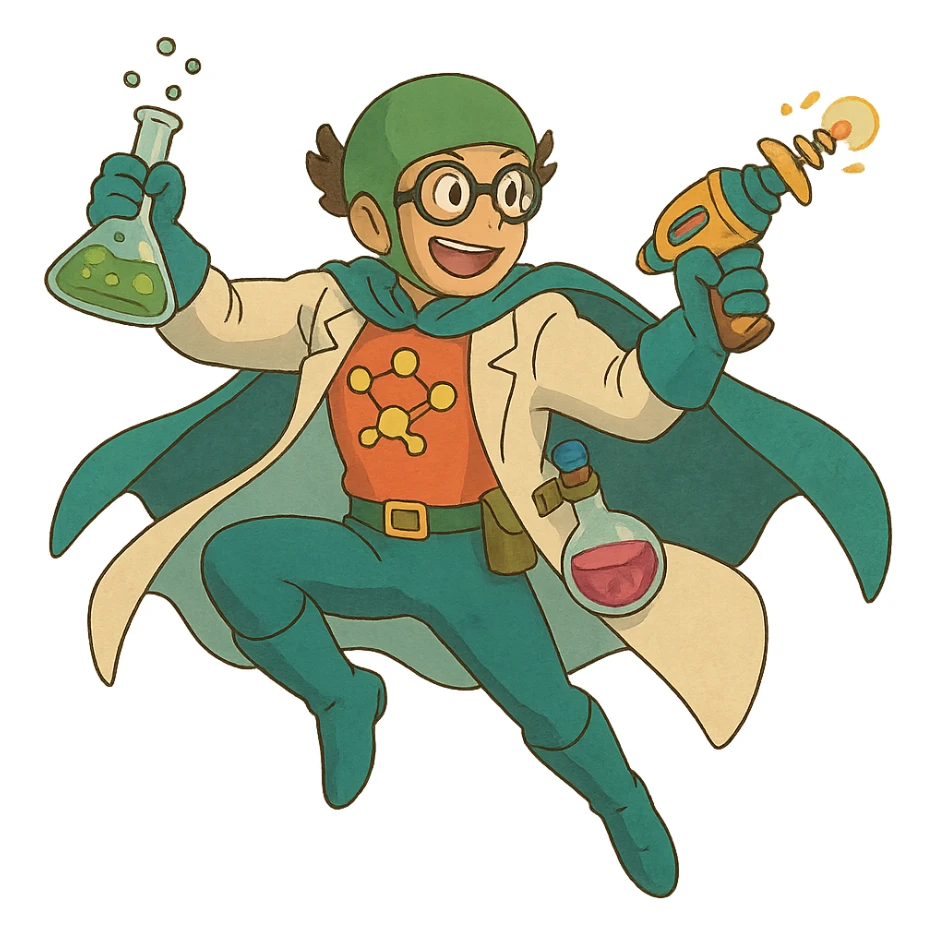 ghibli style chemistry superhero in dynamic pose with science gadgets and vibrant colors sticker