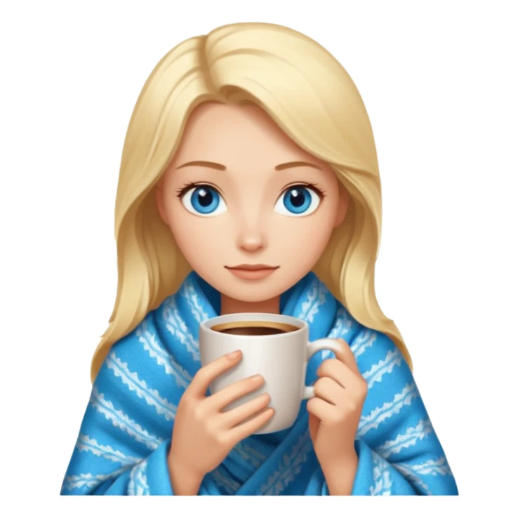 Blonde with blue eyes wrapped up in a cozy blanket with a hot coffee sticker