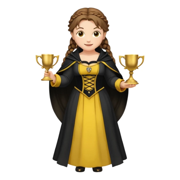 Helga Hufflepuff,brown-haired,2 braids,yellow-black medieval open dress,deep neckline,fat macromastia,black cloak decorated with gold braiding,gold cup with two handles,very kind smile,curvy busty sweet woman,round rosy cheeks,full length with medieval shoes sticker