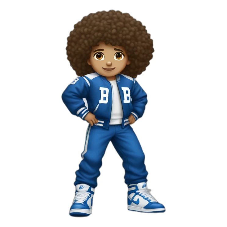 Lightskin boy with curly hair. Wearing a blue and white varsity with a fluffy letter B. and nike dunks and matching pants to jacket sticker