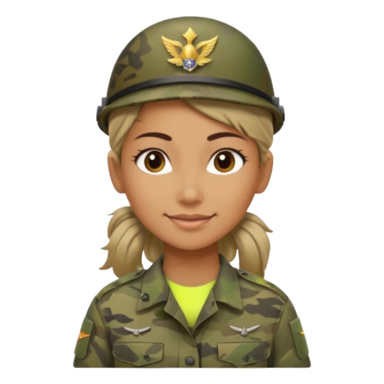Apple emoji look — female soldier, no cap/helmet, bust, neutral smile, generic camo shirt, hair tied back, soft gradients, no weapon sticker