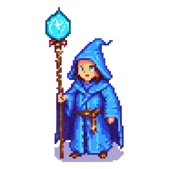 8-bit pixel art wizard yelling, blue robe, magic staff, classic NES palette sticker