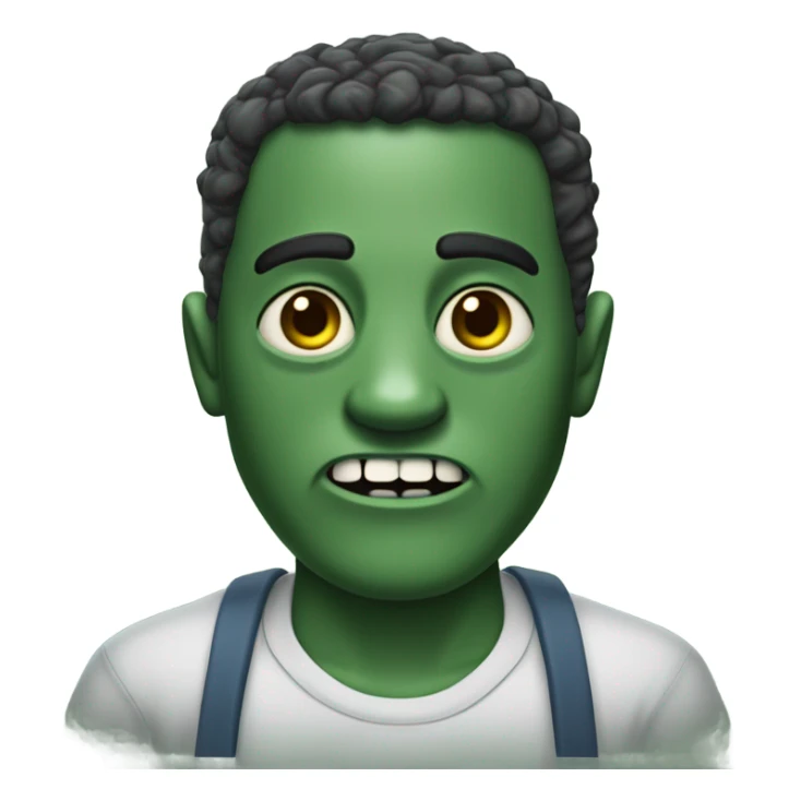 Zumbi com pele verde-acinzentada, olhos grandes e amarelados, boca aberta e ferimento exposto na bochecha esquerda. Cabelos loiros-ruivos e camisa neutra. sticker