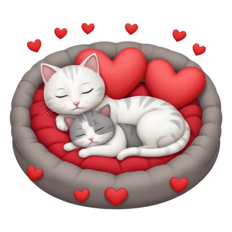 White cat and gray cat sleeping in a bed full of hearts sticker