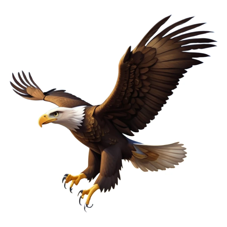 cinematic-eagle-realistic-full-body-soaring-emoji,-massive-wings-spread-wide-against-the-open-sky,-sharp-beak-curved-and-powerful,-piercing-golden-eyes-scanning-the-land-below,-strong-feathered-legs-tucked-tight,-dark-brown-feathers-contrasting-against-the-clouds,-simplified-yet-realistic-focused-features,-highly-detailed,-glowing-with-a-regal-majestic-glow sticker