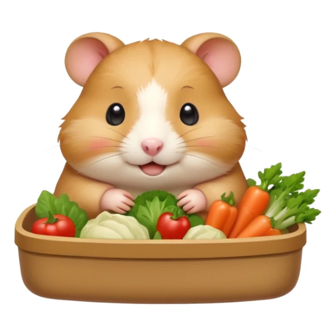 Cute chubby cartoon-style hamster holding a small bento box filled with vegetables, smiling proudly. Soft painterly shading, white background, sticker-style illustration sticker