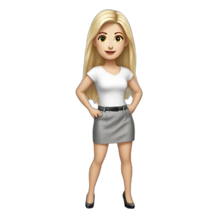 hyperrealistic caucasian long blonde brown eyes woman white top gray tight mini skirt black high heels sticker