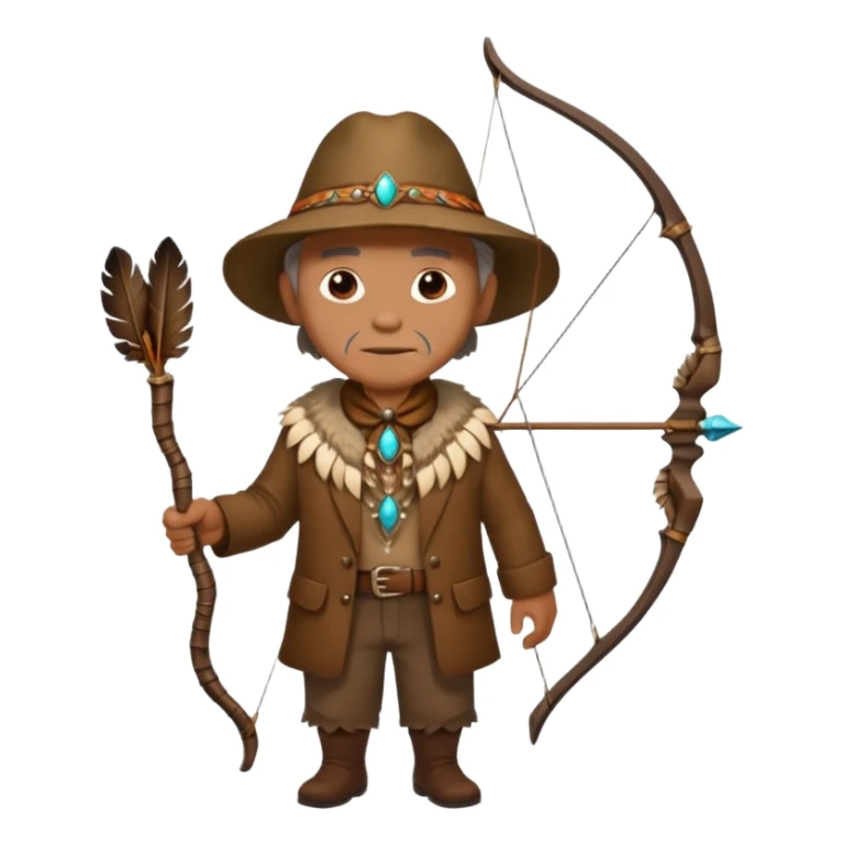 The classic image of a middle-aged uncle hunter carrying a bow, dressed in brown clothes, with some ornaments made of feathers, bones or teeth on his body. sticker