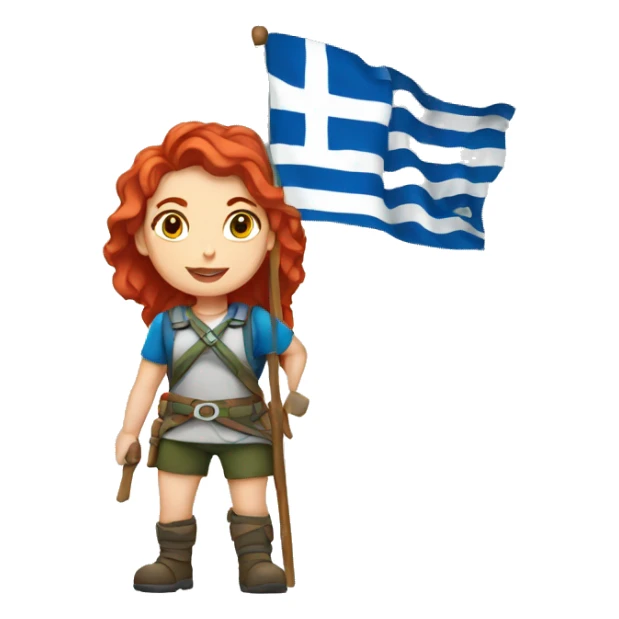 a red hair female mountaineer summitting with greek flag sticker