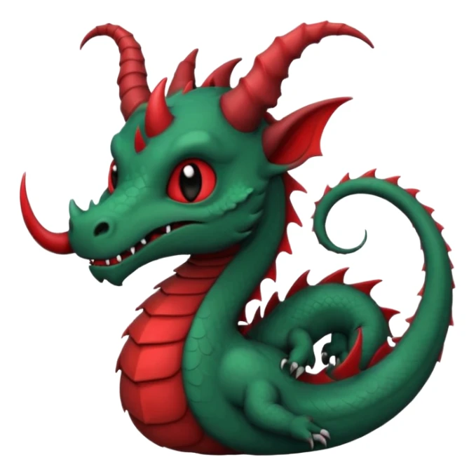 cute-but-dark dragon emoji, Burtonesque gothic illustration,  muted palette with single accent (blood red or emerald), spiral horns, simple silhouette readable at 72x72, hand-drawn texture, minimal details, round sticker composition, --ar 1:1 sticker
