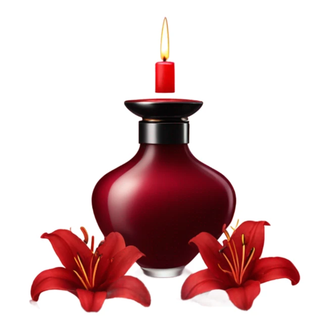 Dark red luxury perfume bottle with red lilies and a dark red candle sticker