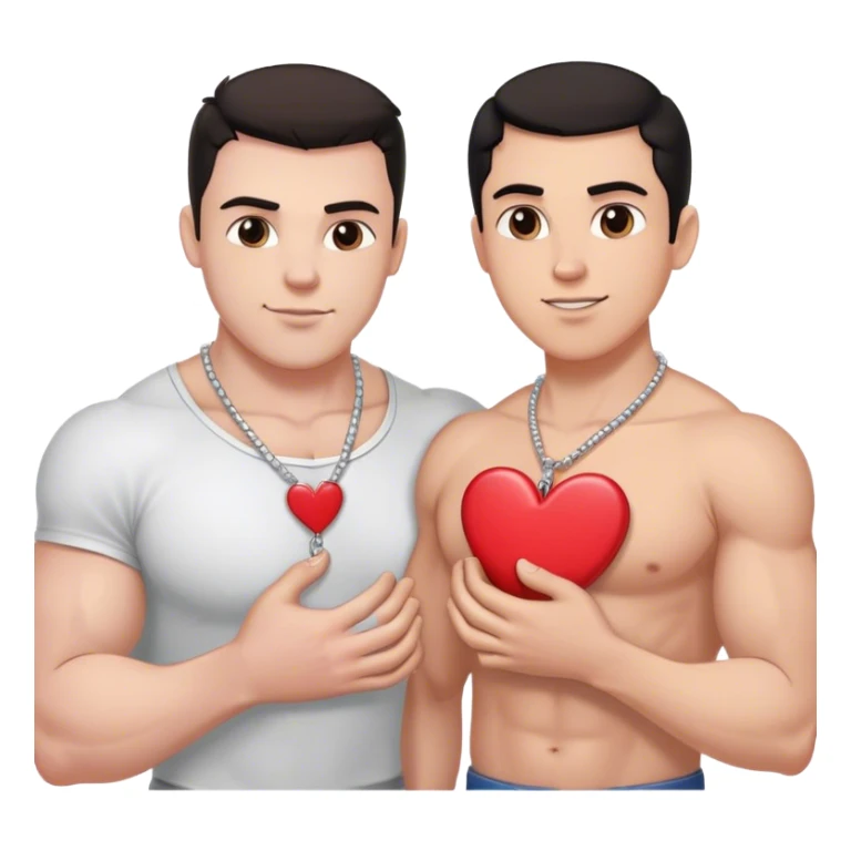 One large white muscular man with dark hair and one smaller white thin man each holding pieces of a heart shaped necklace that says best friends forever  sticker