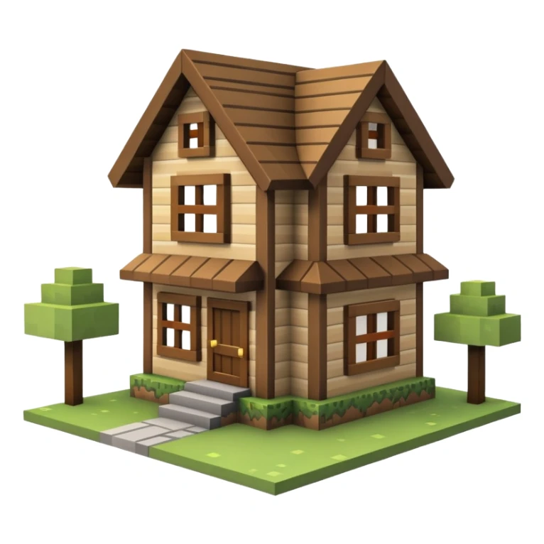 una casa de minecraft de madera y dos plantas, creala pegada al suelo sticker