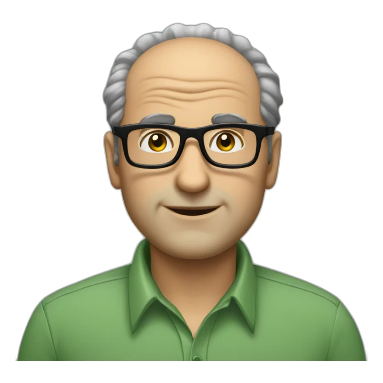 mid aged jewish man with receding hairline in rectangular black glasses and green button up shirt sticker