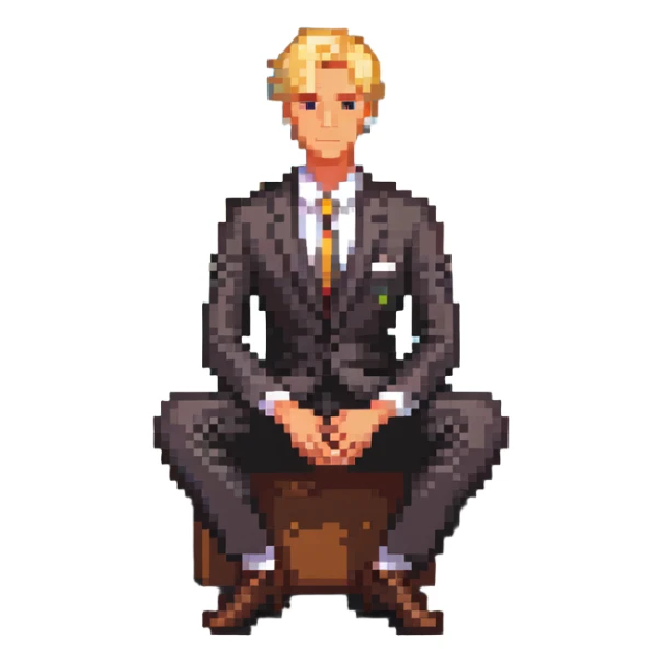 blonde businessman in suit sitting relaxed on vacation, resort background sticker