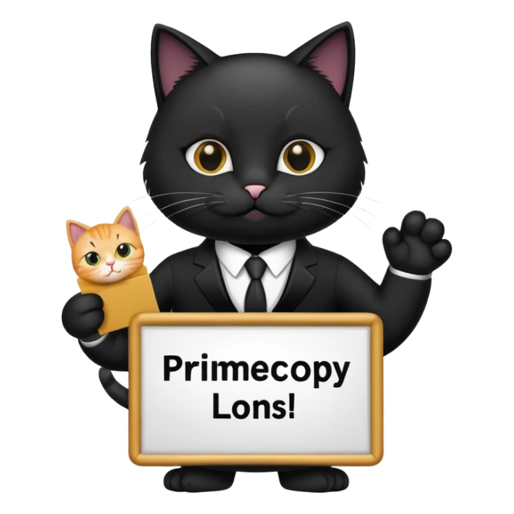 Cat in a black suit holding a sign with the inscription "PrimeCopy" sticker