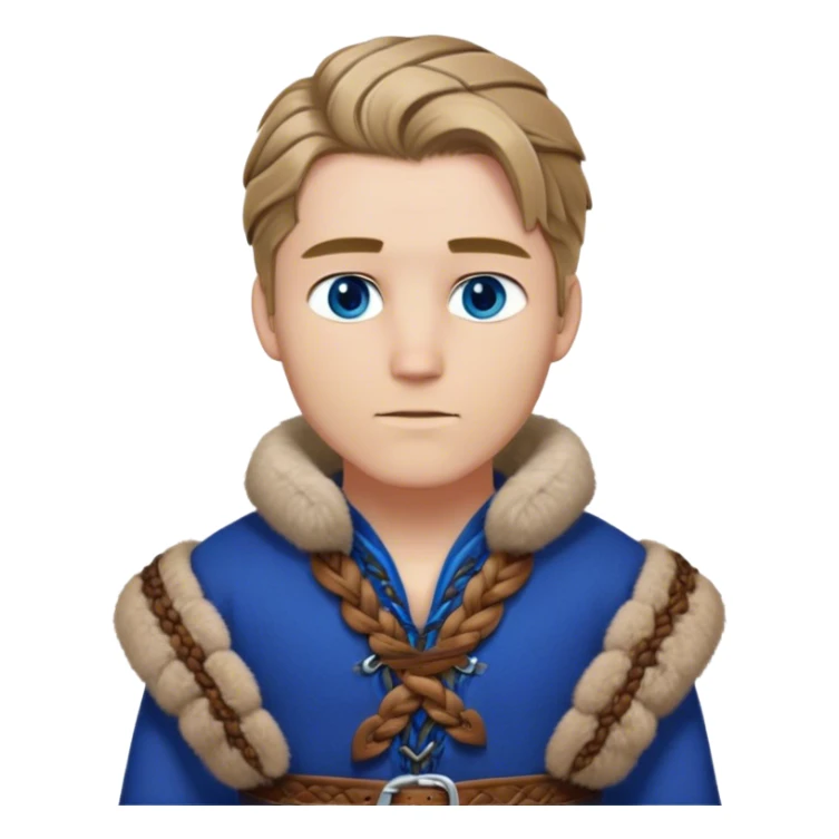 Medieval winter outfit worn by a DnD themed fantasy male character. Double-thick russet wool tunic with mink fur trim, featuring carved wooden toggles and a wide braided leather belt. Clothes only above the waist, full waist coverage. The character has no arms. Character is white-skinned with dark blonde hair, sapphire blue eyes, and medium-length straight hair touched by winter frost. sticker