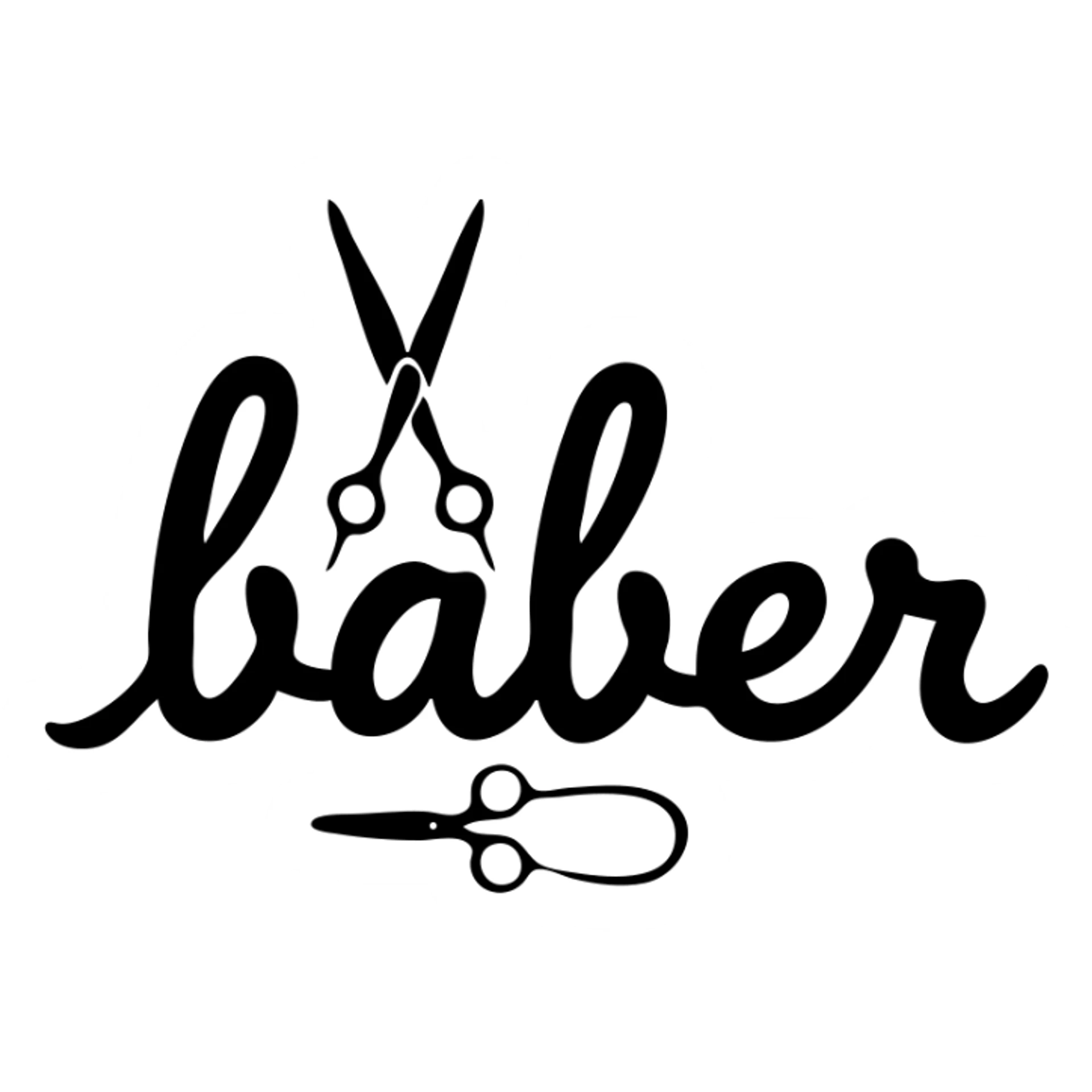 Barber shop logo with the text "baber" and a comb and scissors sticker