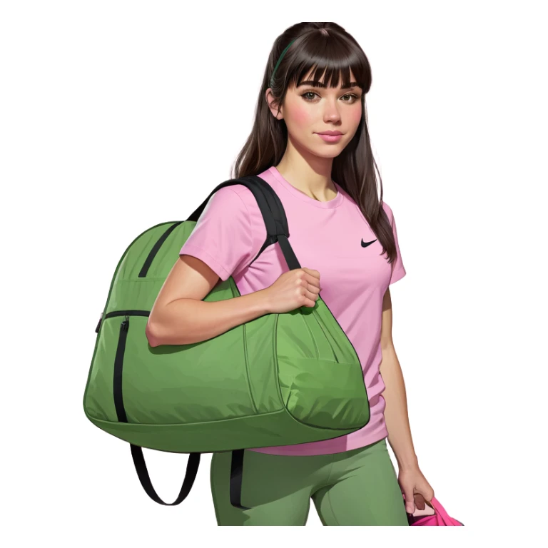 menina morena de franja, com blusa rosa e bolsa rosa da nike de academia sticker