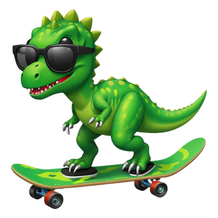 Green dinosaur on a skateboard with a chain and pixel sunglasses sticker