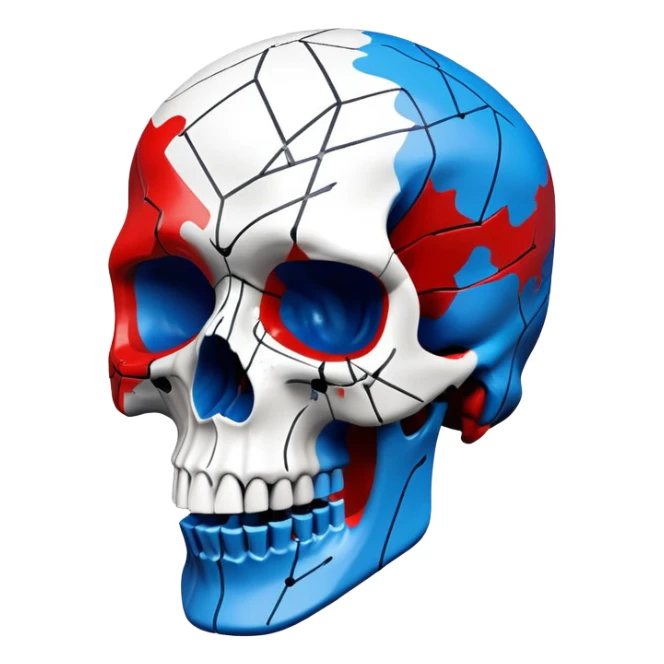 premium black skull with geometric brand patterns, striking electric blue and red paint splashes only within skull contours, perfect detailed fine art quality, three-quarter view sticker