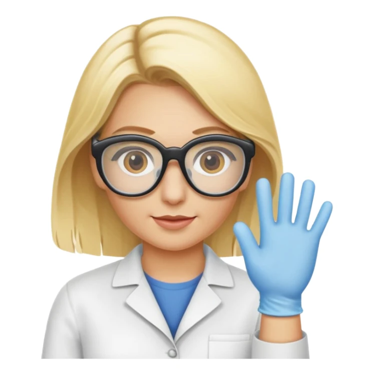 Eine hellblonde Chemikerin mit Kittel, Handschuhen, großer Labor-Sicherheitsbrille und typischem Erlmeyerkolben in der Hand, weißer Hintergrund sticker