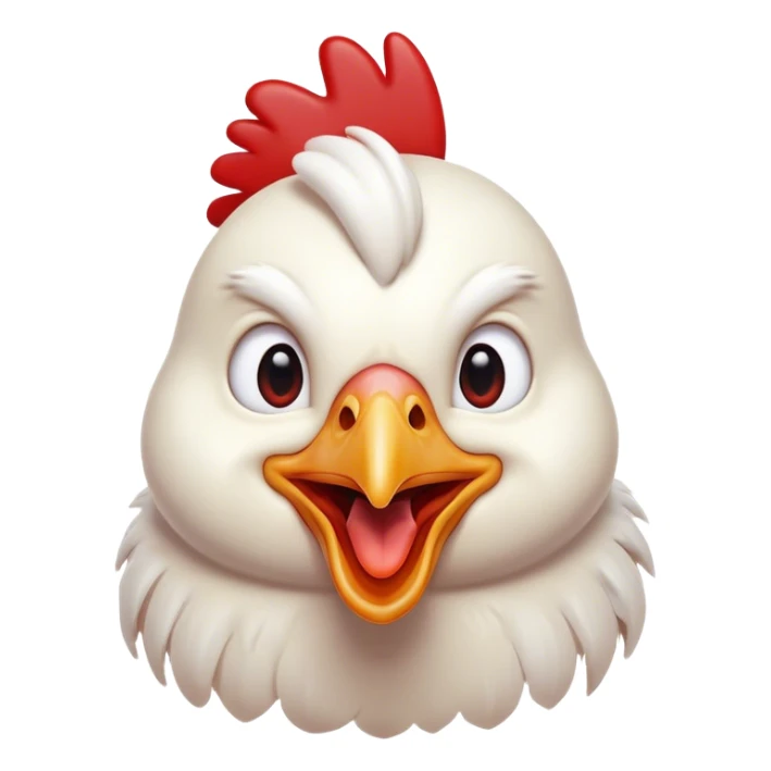 Cinematic Comical White Chicken Portrait Emoji, Head tilted dramatically with an exaggeratedly shocked or amused expression, featuring a sleek, immaculate white plumage with a prominent red comb, wide, expressive beady eyes filled with playful disbelief, Simplified yet hilariously expressive features, highly detailed, glowing with a slightly sassy glow, high shine, dramatic yet playful, stylized with an air of cheeky mischief, bright and endearing, soft glowing outline, capturing the essence of a spirited and over-the-top chicken, so meme-worthy it feels like it could cluck its way into internet fame instantly! sticker