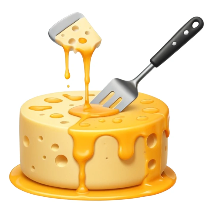 a half vertical wheel of cheese being scraped with a metal spatula, melted cheese flowing, modern emoji style, clean, transparent background sticker