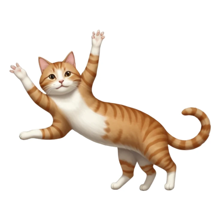 brown tabby and white cat with doing a big extremely long stretch reaching up into the air with arms and legs side by side together straight and overextended whilst lying on its side sticker