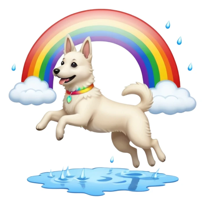 White belgian Shepard jumping Cheerful  over Rain puddles. There is a rainbow in the sky sticker