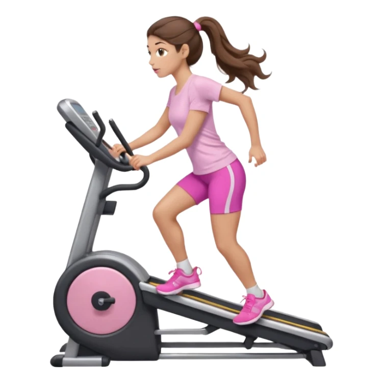 girl with wavy long ponytail brown hair, brown eyes, light to medium complexion, long lashes, light pink lipstick, wearing light pink shirt, on a stairstepper workout machine sticker