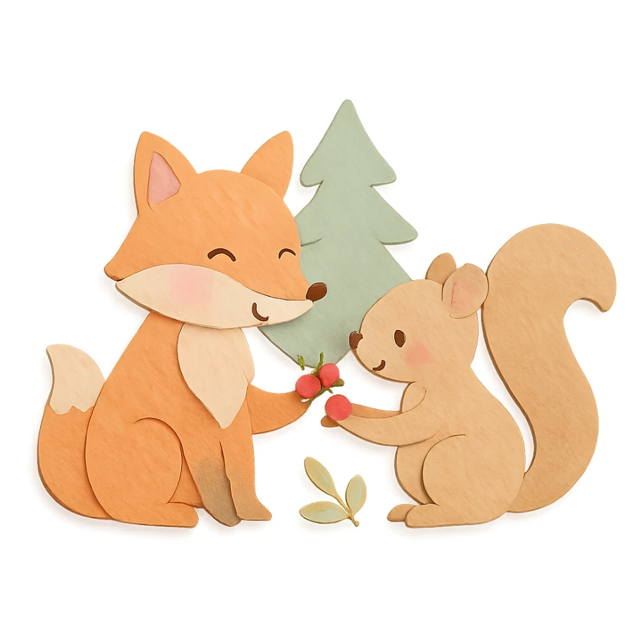 fox and squirrel sharing berries, forest friendship scene, soft pastel colors, paper-craft style sticker