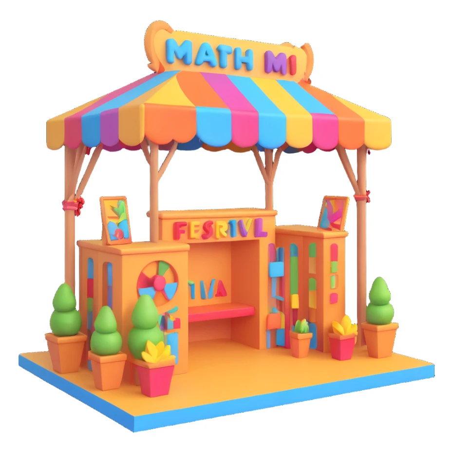 3D festival booth, vibrant colors, detailed decorations, interactive elements, lively atmosphere sticker