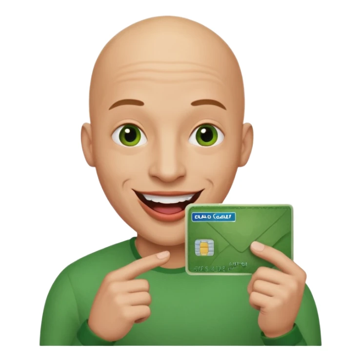 Bald man smiling with huge lips holding a green card  sticker