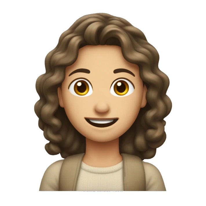 Crie um emoji personalizado com as seguintes características:Rosto redondo.Cabelos escuros e cacheados.Pele clara,mulher de 40 anos.Um sorriso largo e amigável. sticker
