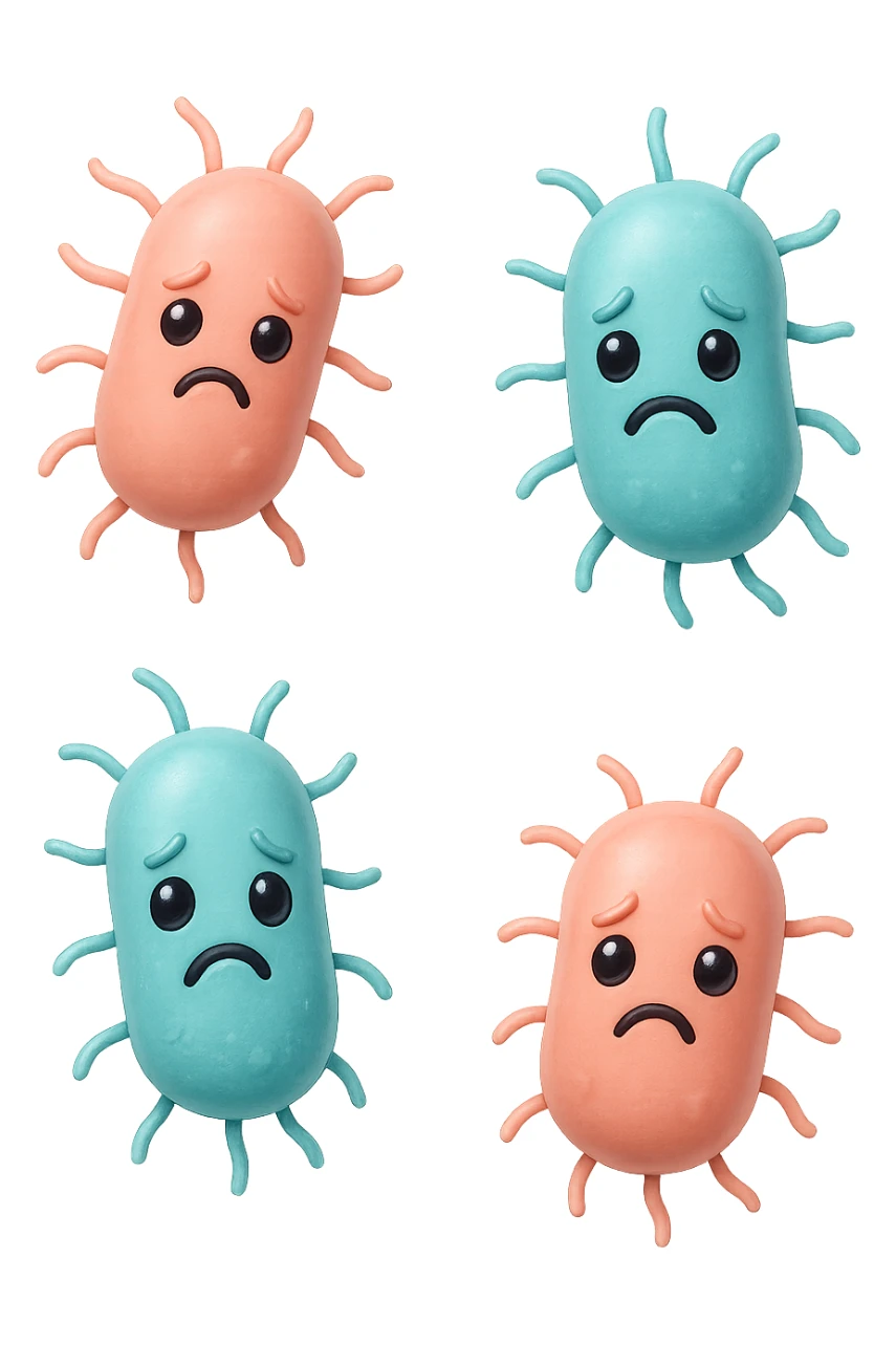 emoji stile iphone di batteri intestinali rosa salmone e turchesi con espressione triste che fluttuano in aria, iperrealistico 4k, isolato su sfondo bianco sticker