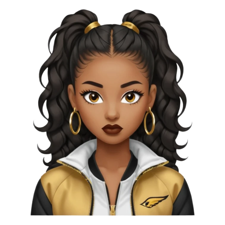 “black Emoji girl, fierce confident expression, sharp black winged eyeliner, bold brows, matte nude lips, long curled lashes, sleek high ponytail, gold hoop earrings, sporty streetwear jacket.” sticker