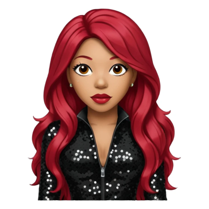 K. Michelle with long dark red hair, black sequin outfit sticker
