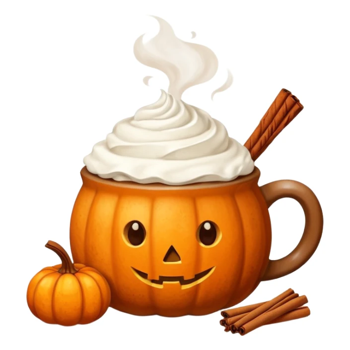 Steaming coffee Mug with whipped Cream and cinnamon Dust on Cream.  Small Punkin and 3 sticks of cinnamon next to mug sticker