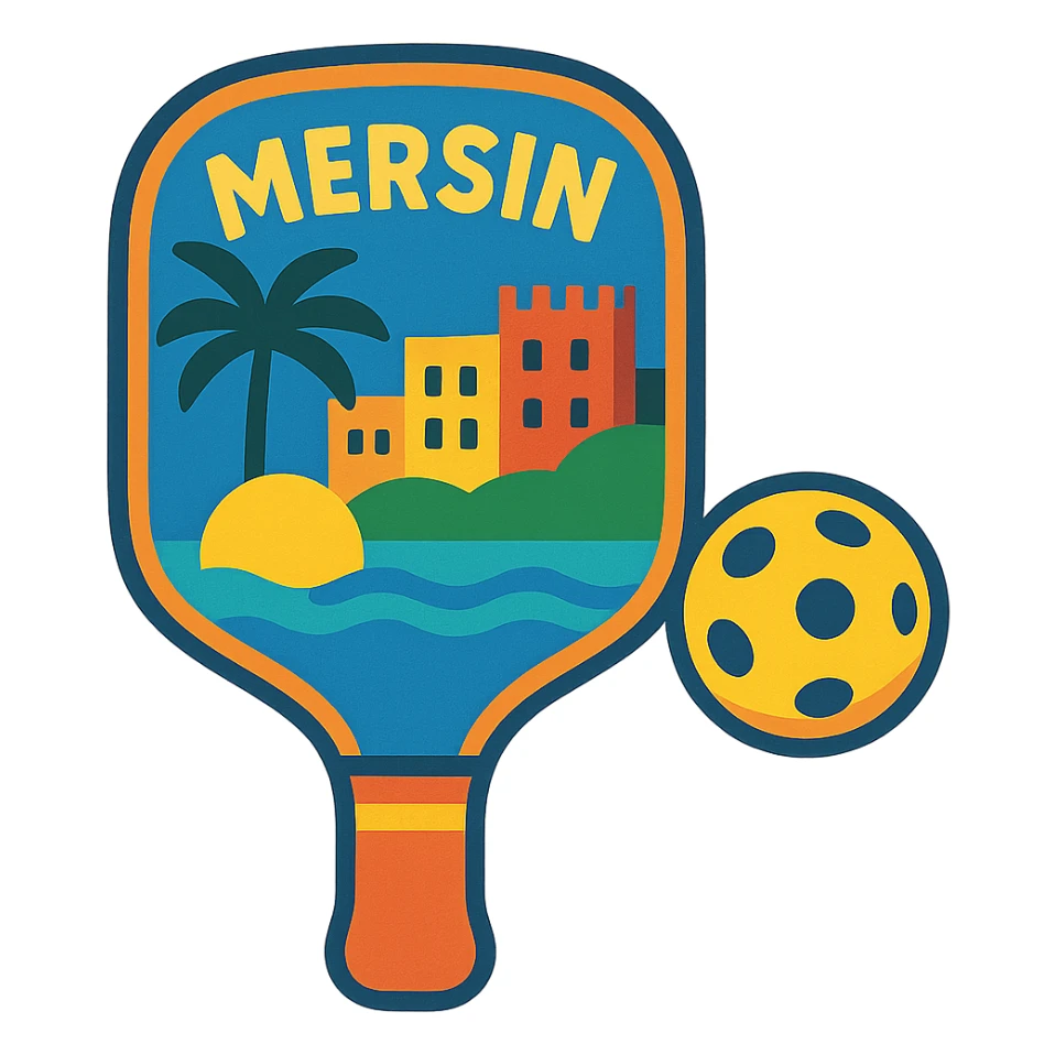 pickleball paddle and ball with a Mediterranean vibe, referencing Mersin sticker