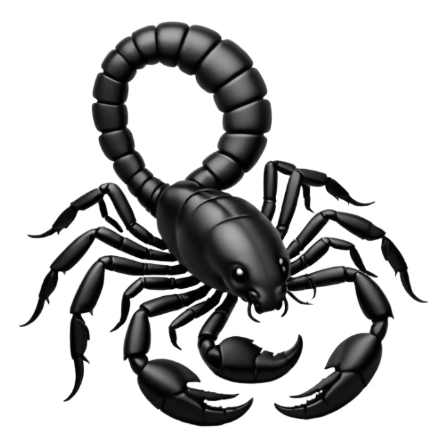 A 3D cartoon scorpion with shiny dark body and curled tail, on a light surface, realistic Memoji-style, soft lighting. sticker