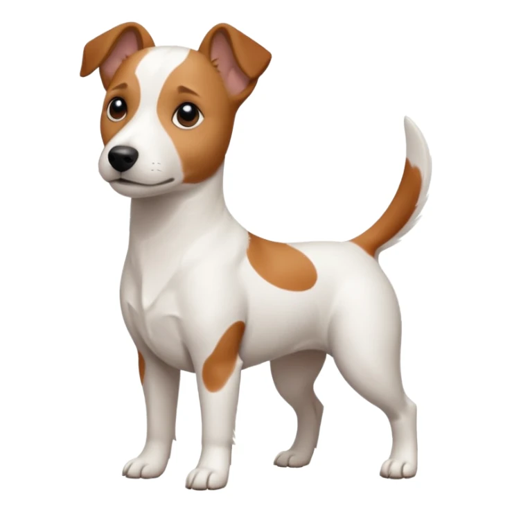 a fully white jack russell the size of a kelpie with floppy ears and a half white face sticker