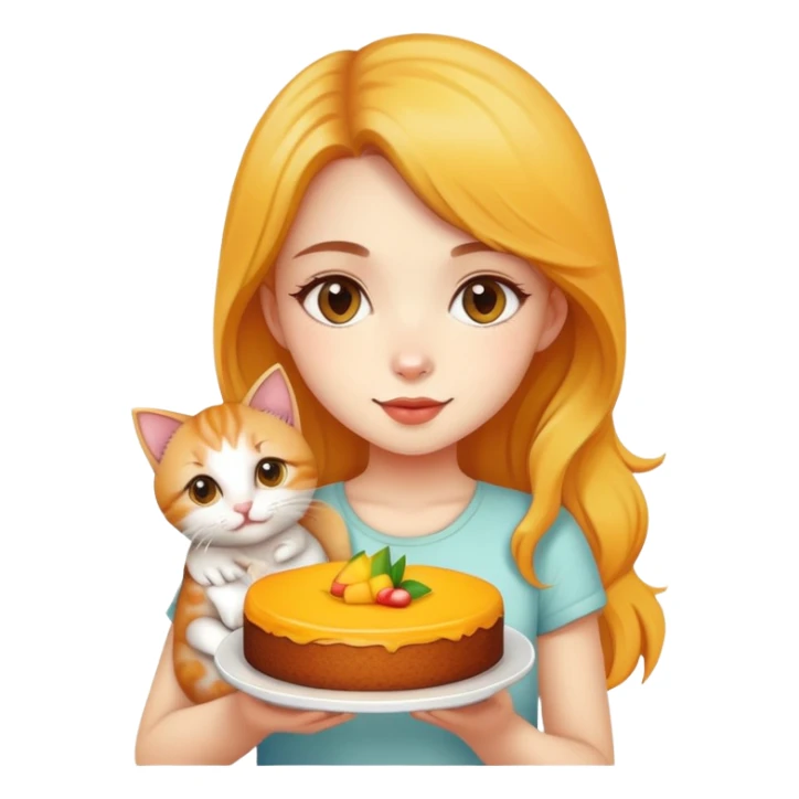 Beautiful girl holding a mango cake and a kitten sticker