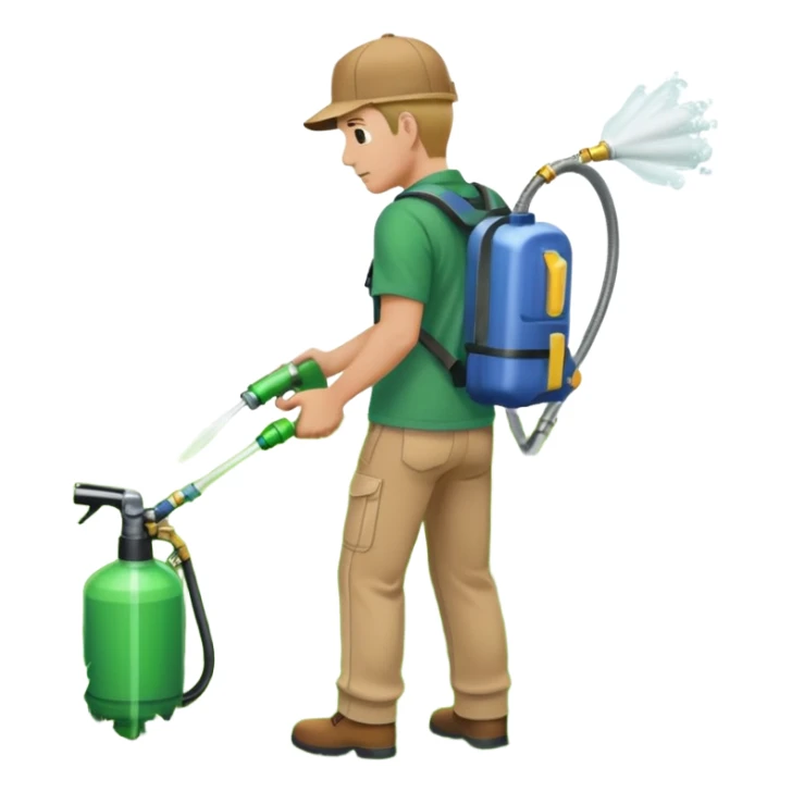 man with a emerald green shirt and tan pants on with backpack chemical sprayer on his back with the hose in his hand pointed downwards at bright green grass sticker