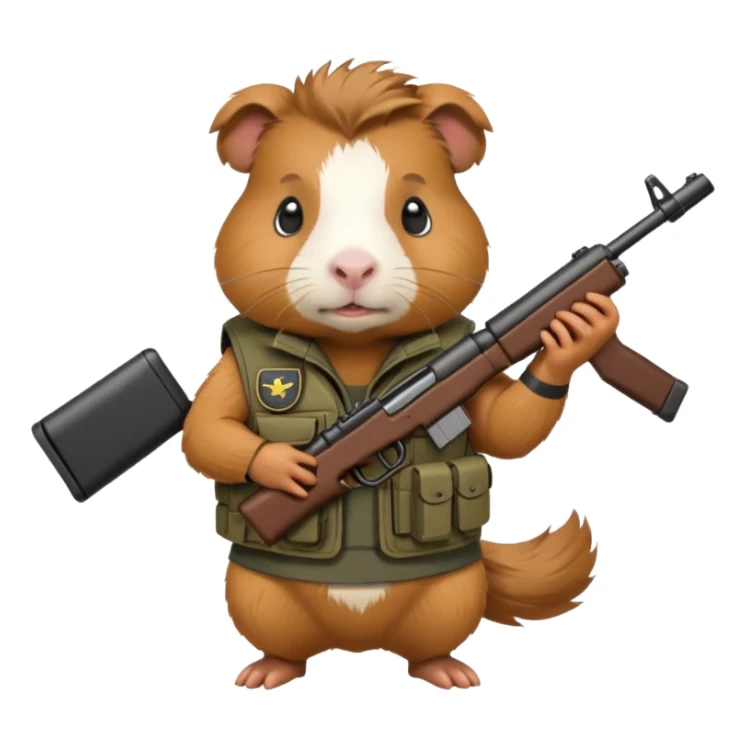 guinea pig in a tactical vest, holding a cartoon rifle sticker
