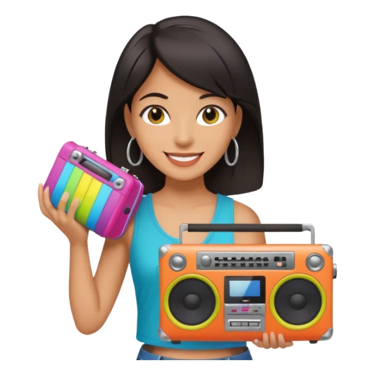 dar hair woman holding colorful boombox sticker